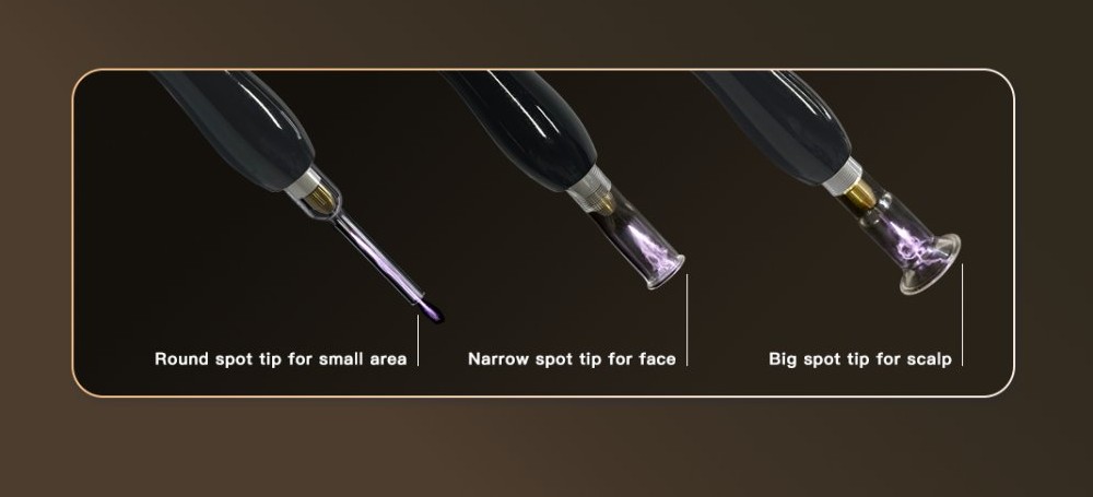 Three interchangeable treatment tips: round spot for small area, narrow spot for face, big spot for scalp